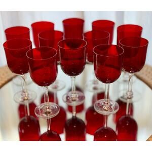 Vintage Ruby Red Goblets – Set of 6 – Mid-Century Glassware with Clear Stems